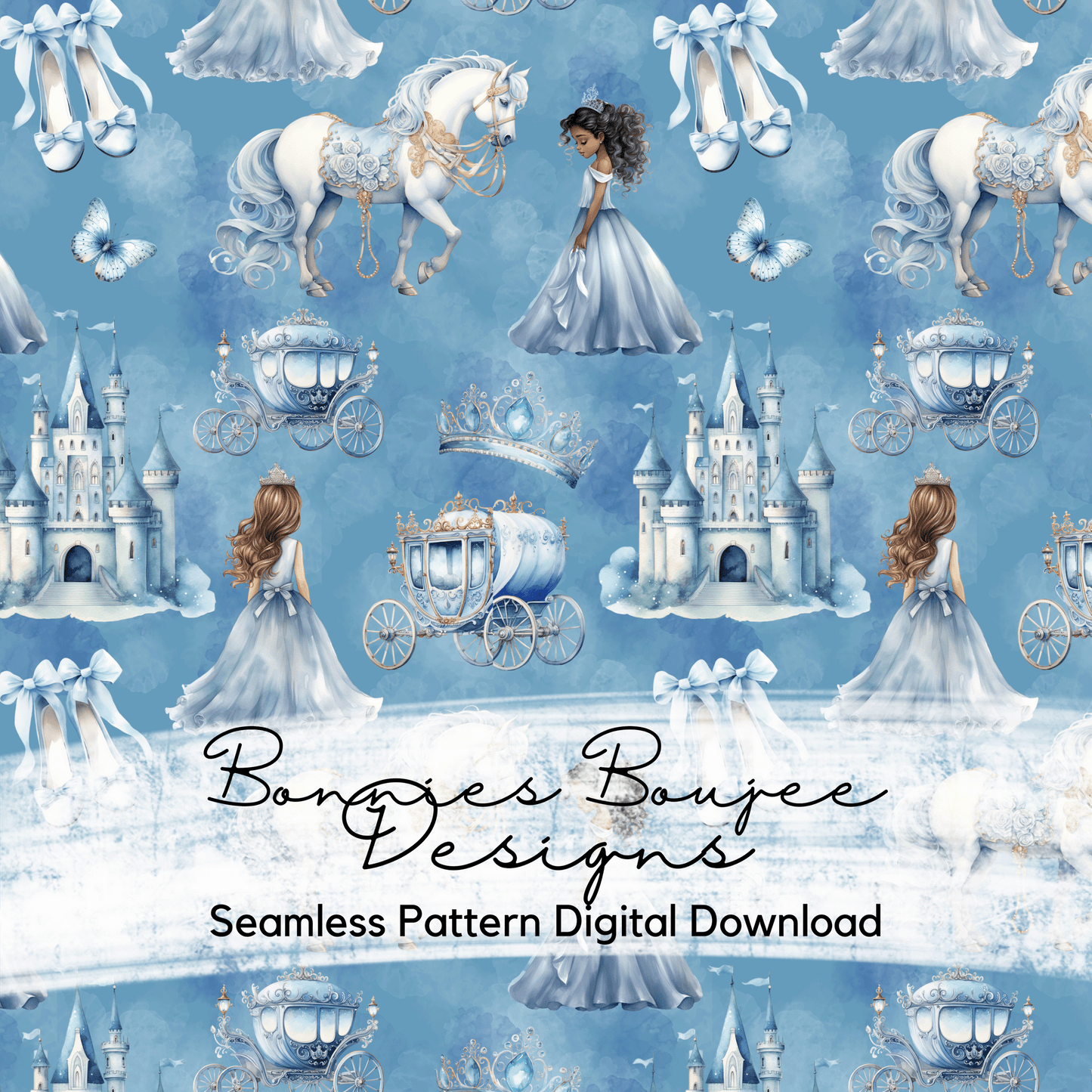 Watercolor Blue Princess on Blue Background Seamless File