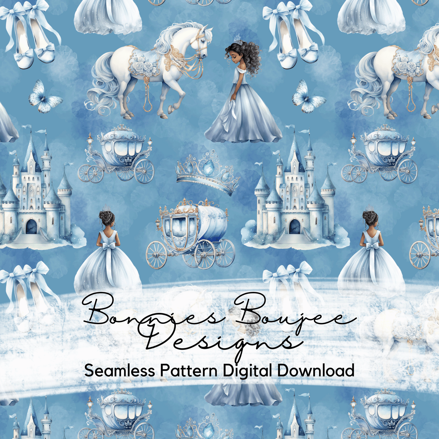 Watercolor Blue Princess on Blue Background Seamless File