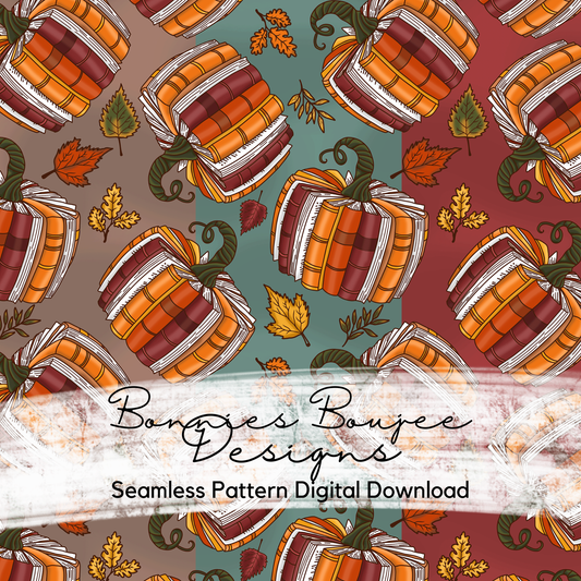 Hand Drawn Book Pumpkin for Fall Seamless File - Three Colorways