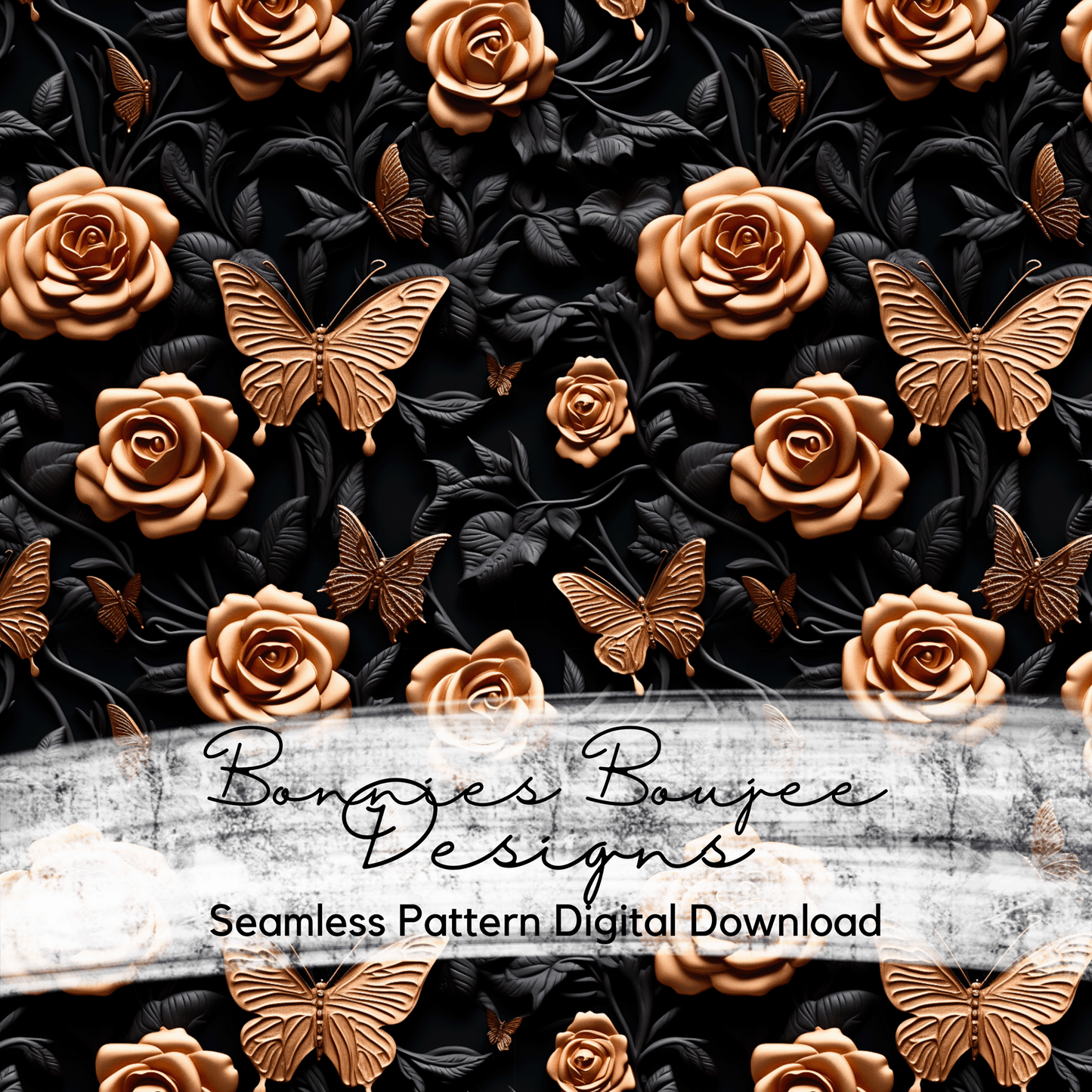 Textured Roses and Butterflies with dark foliage Seamless File