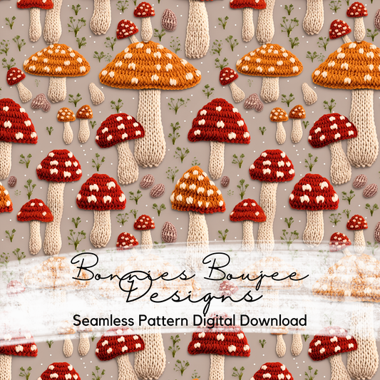 Crochet of Mushrooms on a Tan Background Seamless File