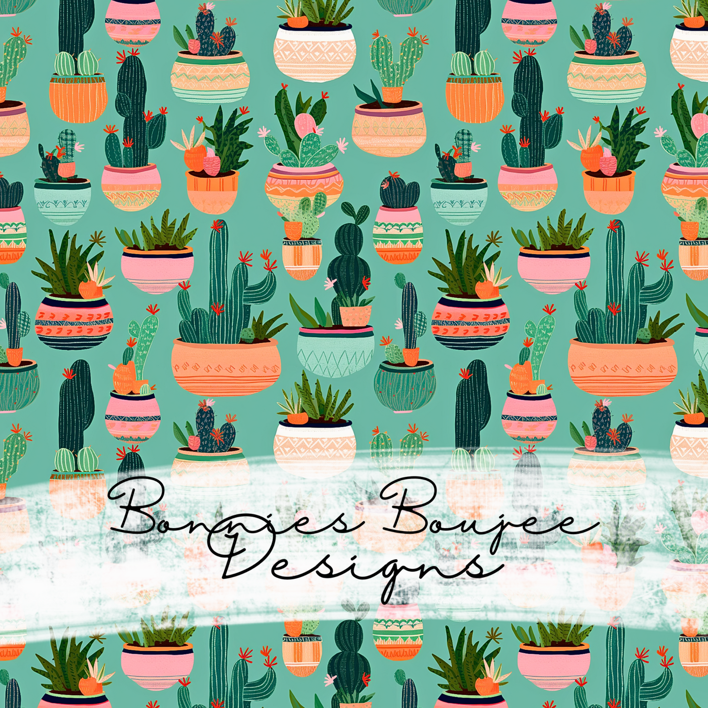 Boho Potted Cactus on Green Background Seamless File