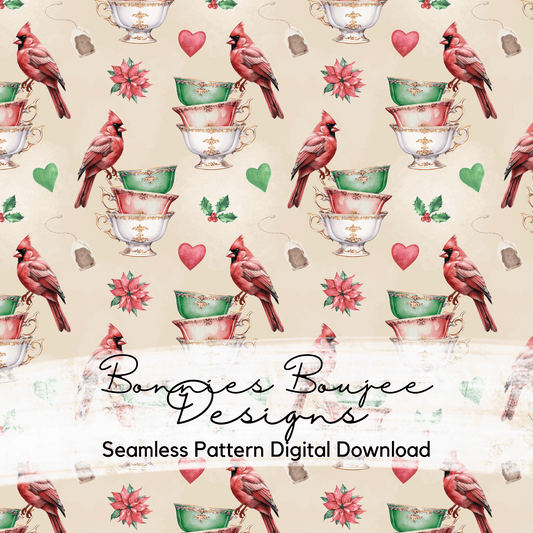 Christmas Cardinal Tea Cup on Beige Seamless File