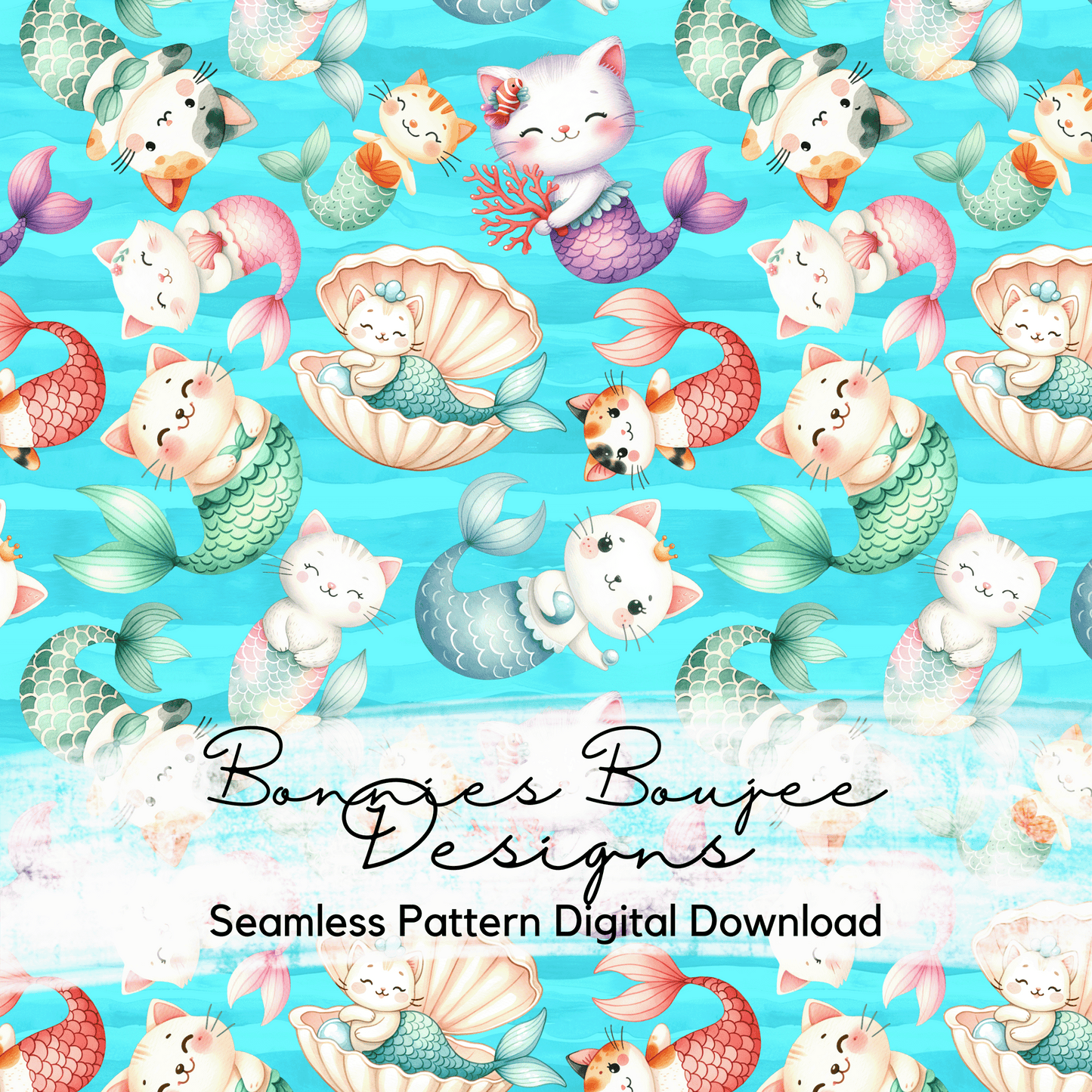 Cat Mermaids Bundle with one on a SWIM SAFE background Seamless file