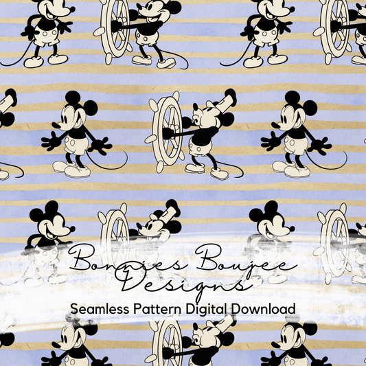Classic Steamboat Willie with Watercolor Striped Background Seamless File