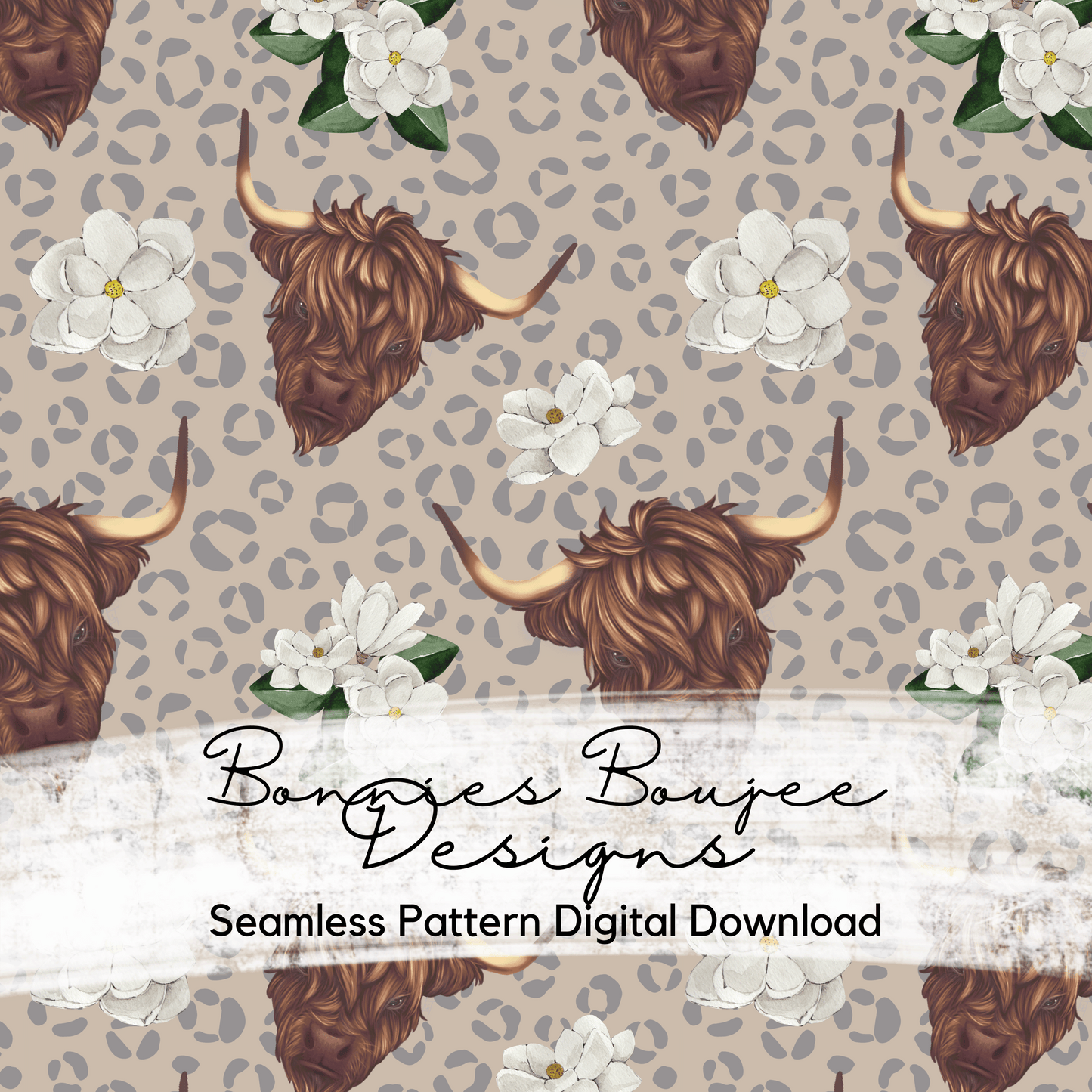 Highland Cow and Magnolia Flowers Seamless File