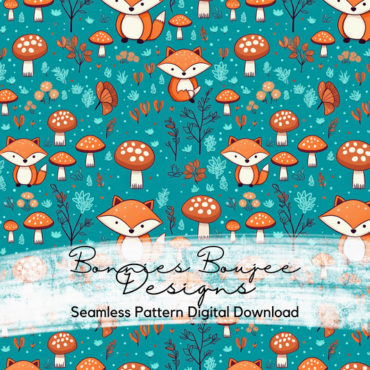 Cute Foxes and Mushrooms on a Green Background Seamless File