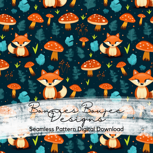 Cute Foxes and Mushrooms on a Dark Background Seamless File