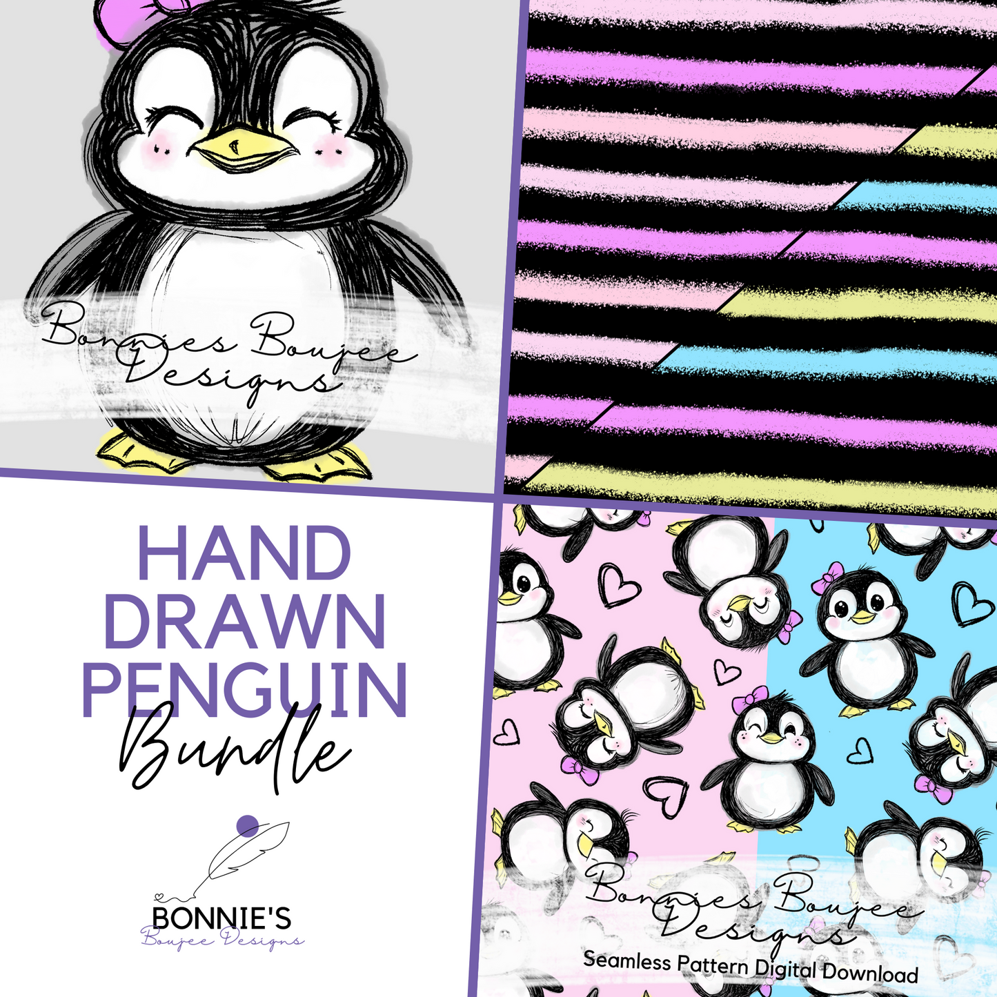 Cute Girly Penguin Hand Drawn Bundle Purchase