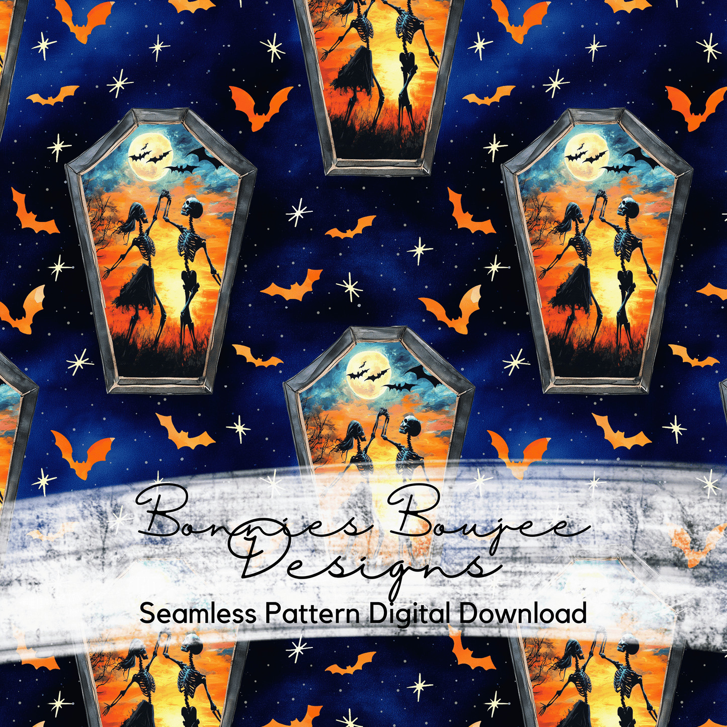 Dancing Skeletons Watercolor Style with Orange Bats Seamless File