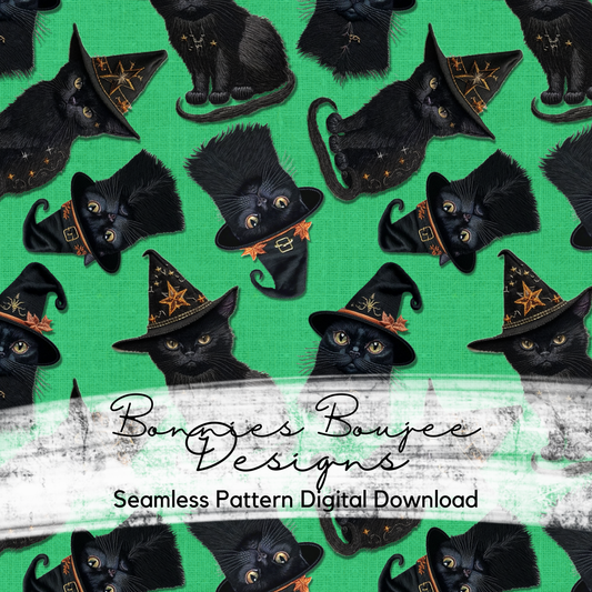 Embroidery Black Cats on Green Seamless Design