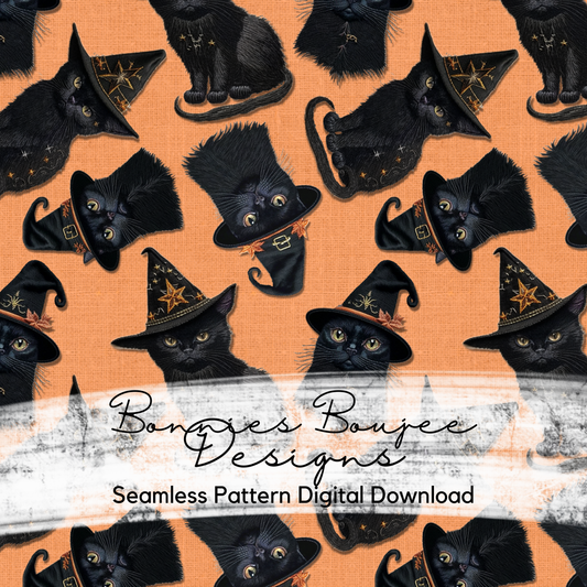 Embroidery Black Cats on Orange Seamless Design