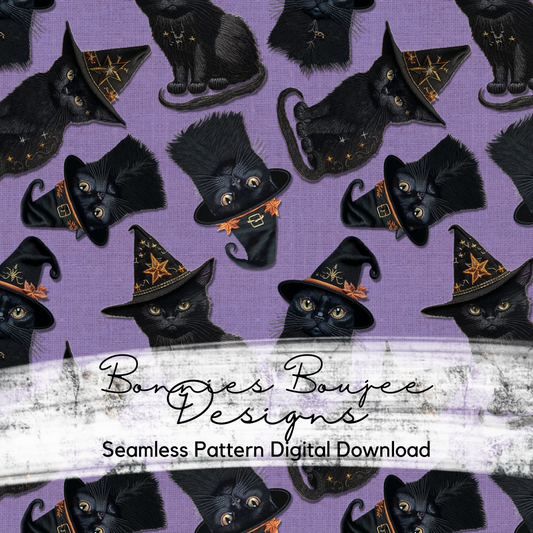 Embroidery Black Cats on Purple Seamless Design
