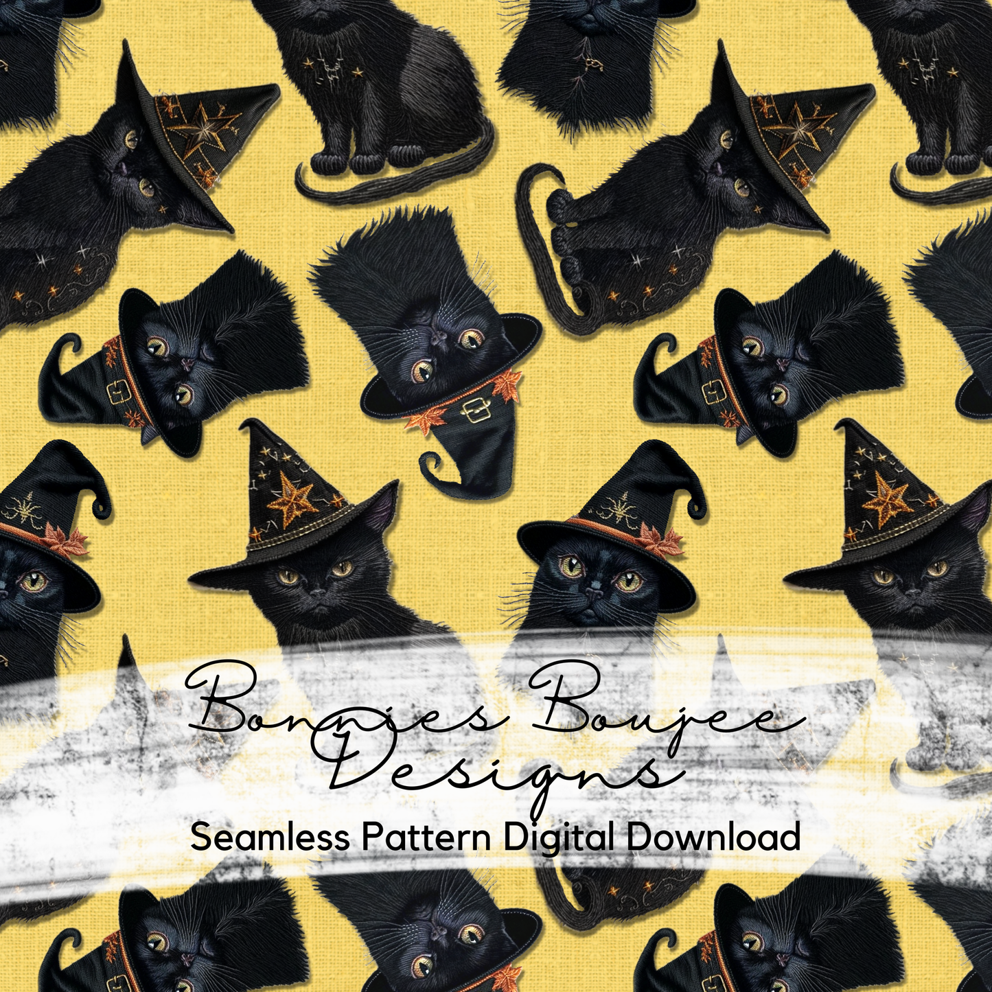 Embroidery Black Cats on Yellow Seamless Design