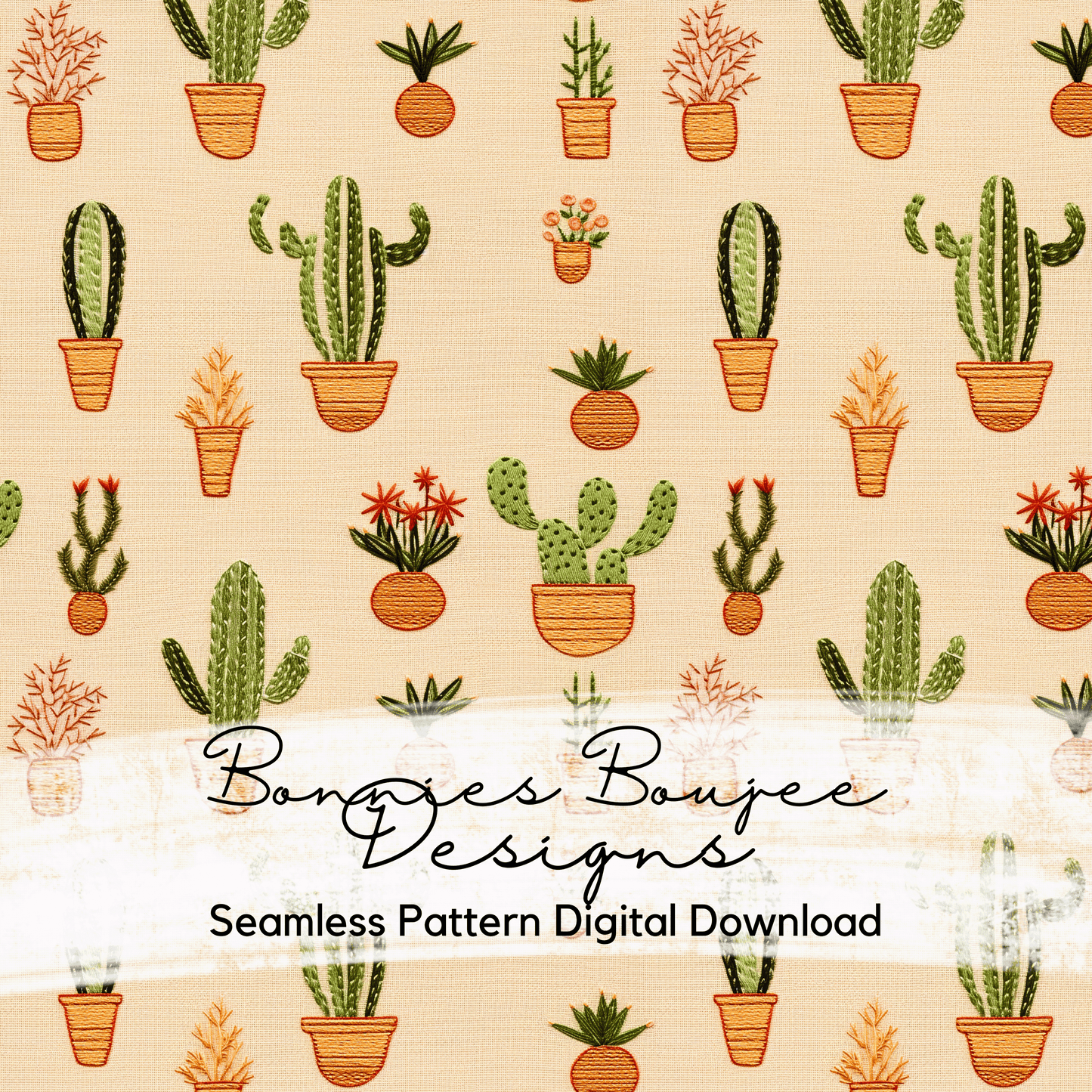 Boho Minimalist Embroidery Potted Cactus Seamless File