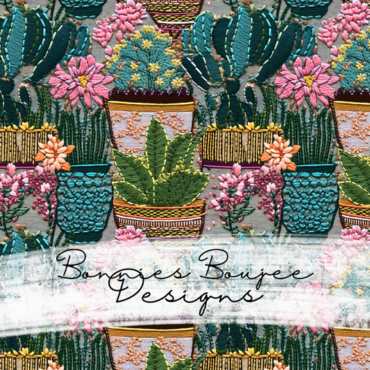 Embroidery of Potted Pink Flowering Cactus Seamless File