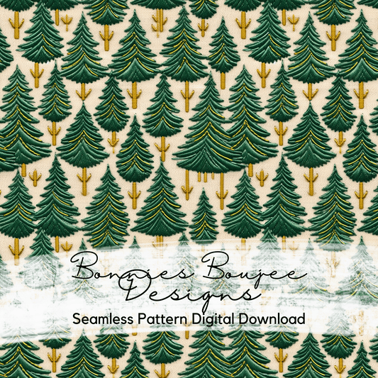 Embroidery Green and Gold Holiday Trees Seamless File