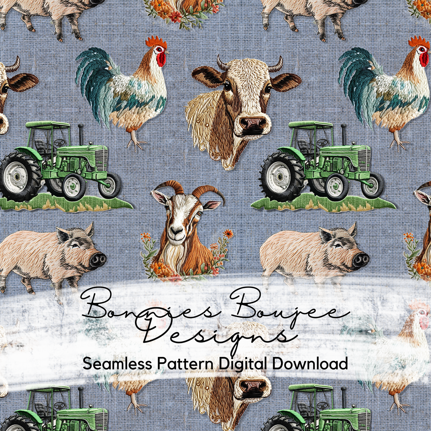 Embroidery of Farm Animals Seamless File