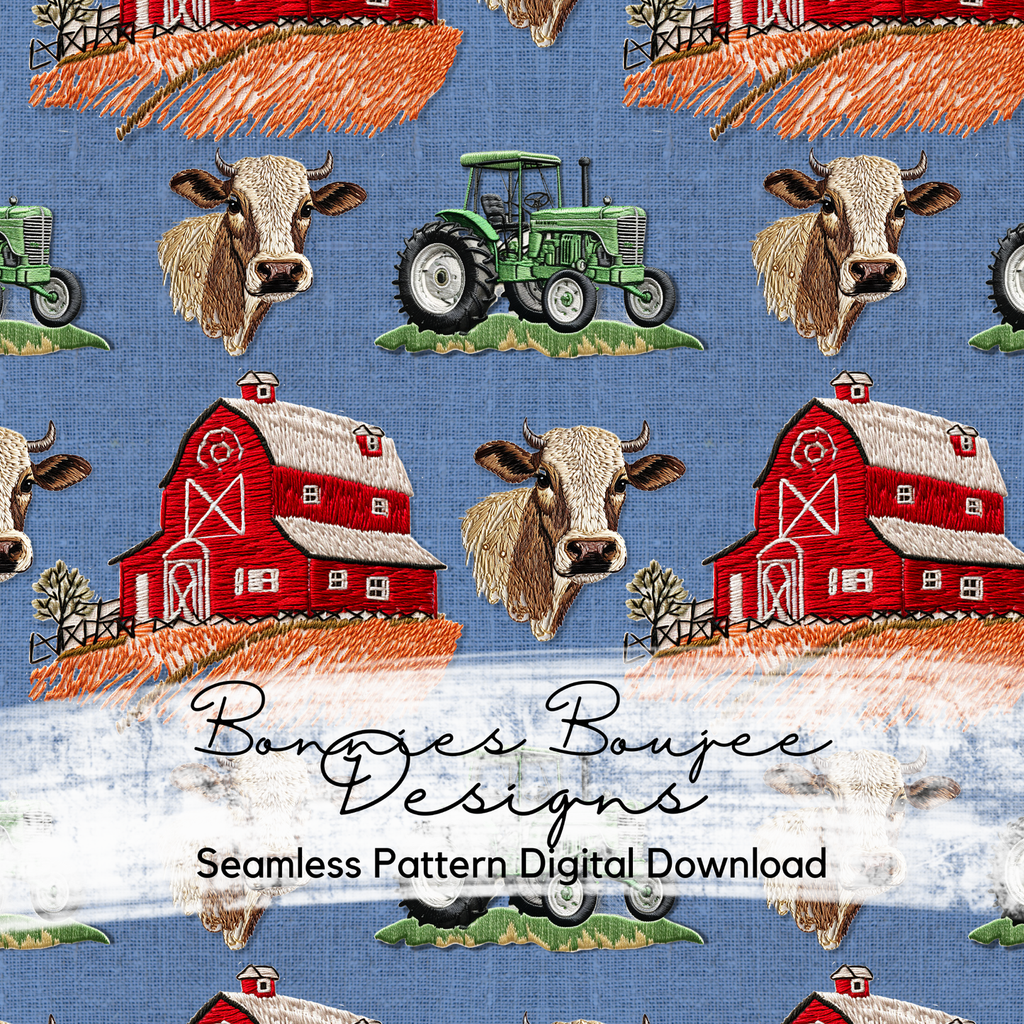 Embroidery of Barn and Cow Seamless File