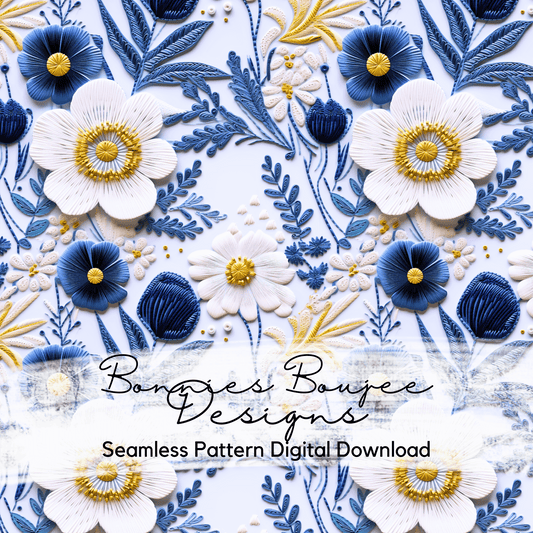 Simple Embroidery of White and Navy Flowers Seamless File