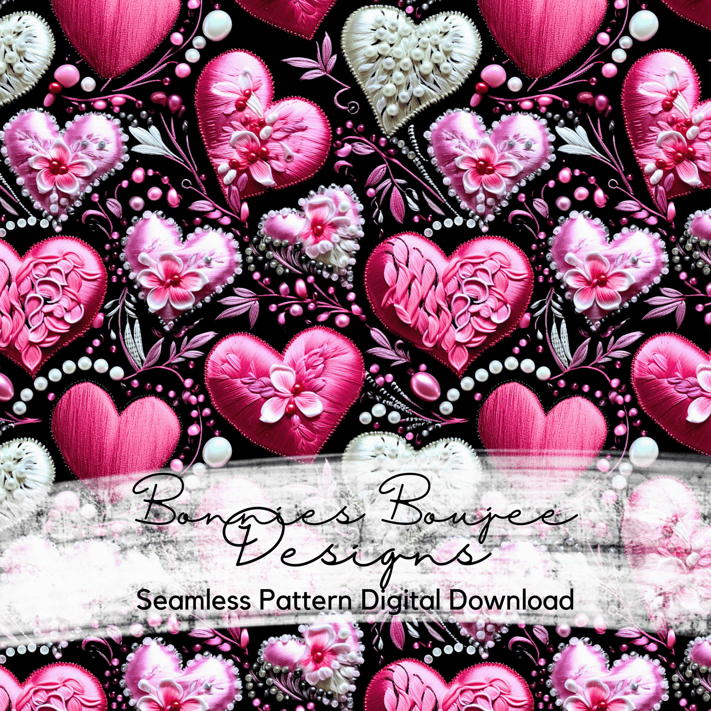 Embroidery Hearts on a Black Background Seamless File