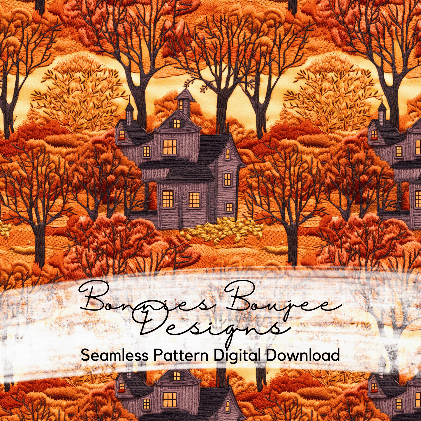 Embroidery Fall Trees and Haunted House Seamless File