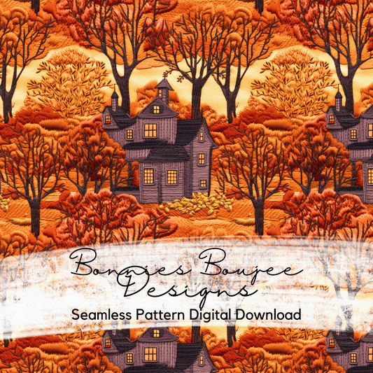 Embroidery Fall Trees and Haunted House Seamless File