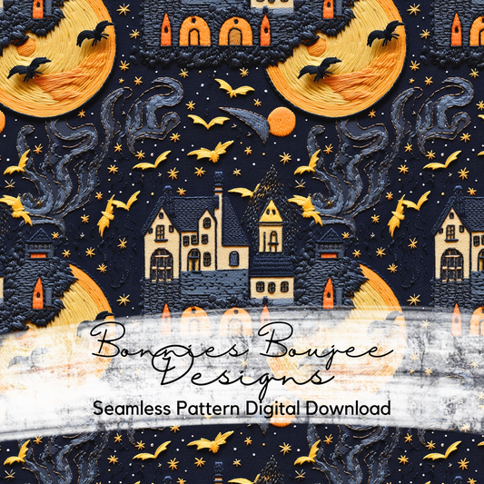 Embroidery Haunted House with Bats Seamless Design