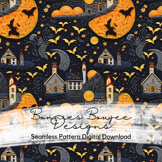Embroidery Haunted House with Bats and Big Moon Seamless Design