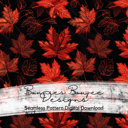 Embroidery Red Maple Leaves on Black Background Seamless File