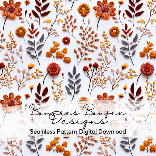 Minimalist Embroidery Fall Flowers on White Seamless File