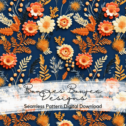 Simple Embroidery Fall Flowers Navy Seamless File