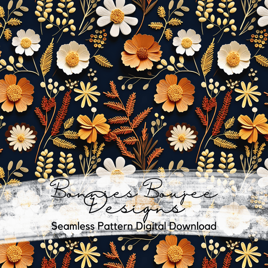 Embroidery Fall Flowers and Leaves Navy Seamless File