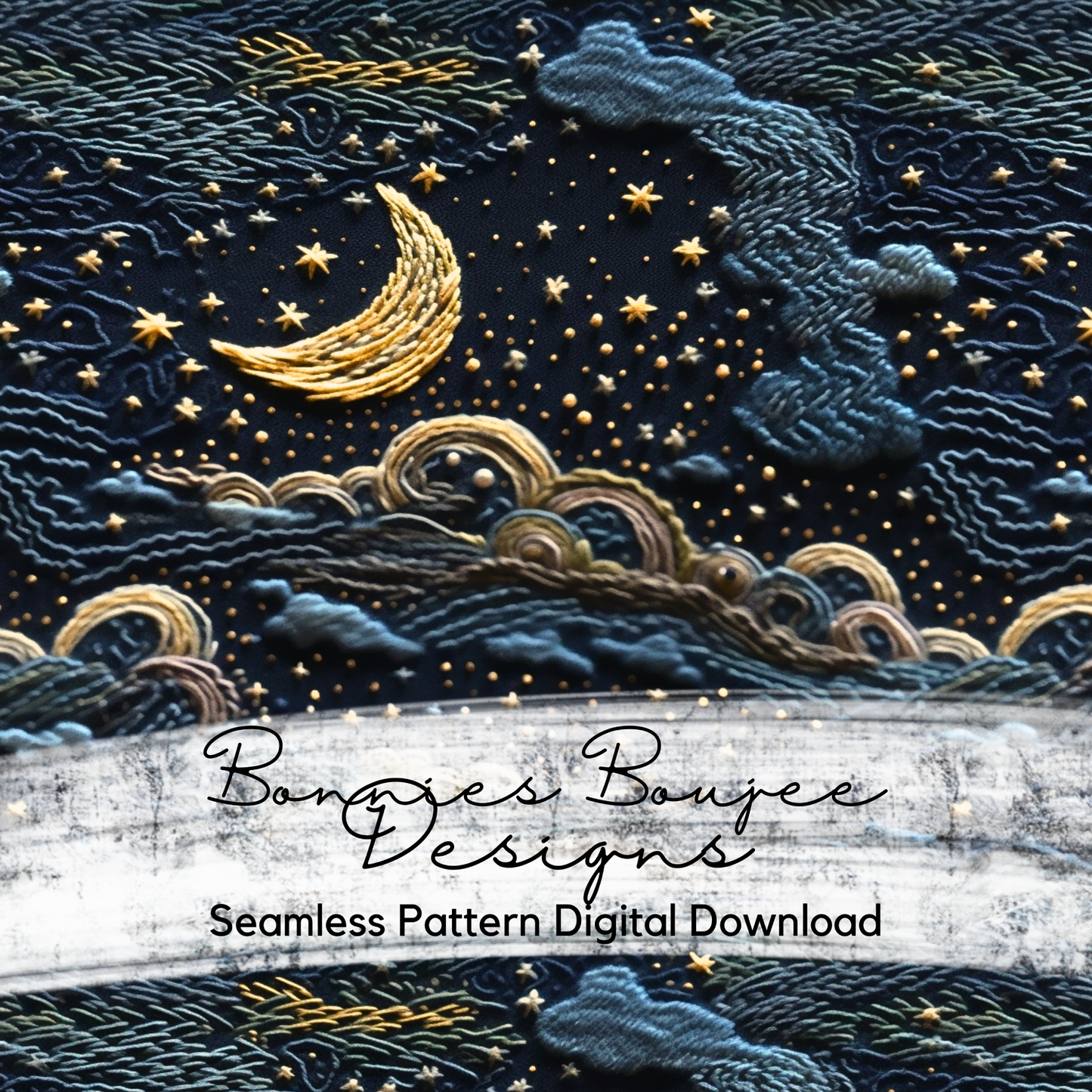 Embroidery Night Sky and Moon Seamless Design