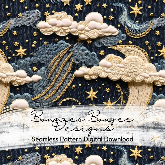 Embroidery Night Sky with Clouds Seamless Design