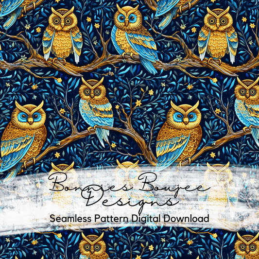 Embroidery Owls on a Blue Background Seamless File