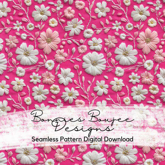 Realistic Embroidery of White and Light Pink Flowers on a Hot Pink Background Seamless File