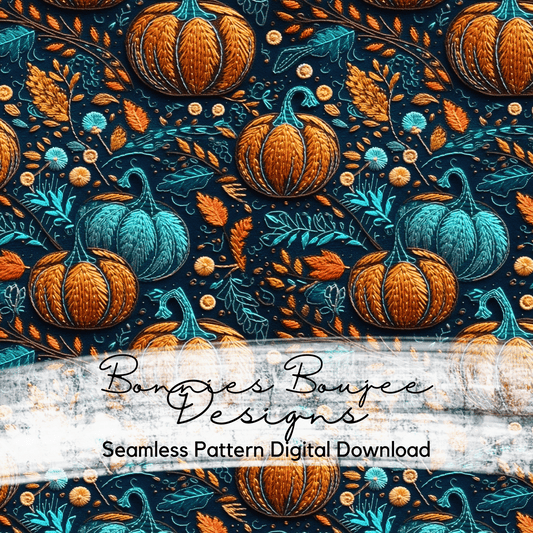 Embroidery of Orange and Teal Pumpkins Seamless File