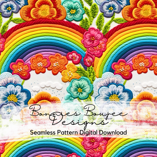 Embroidery Rainbows with Flowers and Clouds Seamless Design
