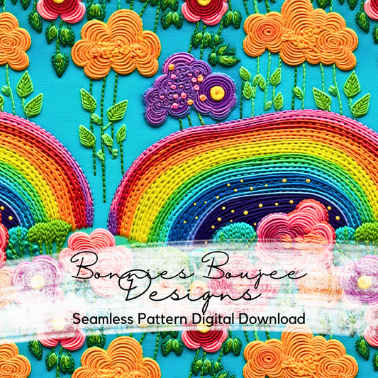 Embroidery Rainbows with Flowers on Blue Seamless Design