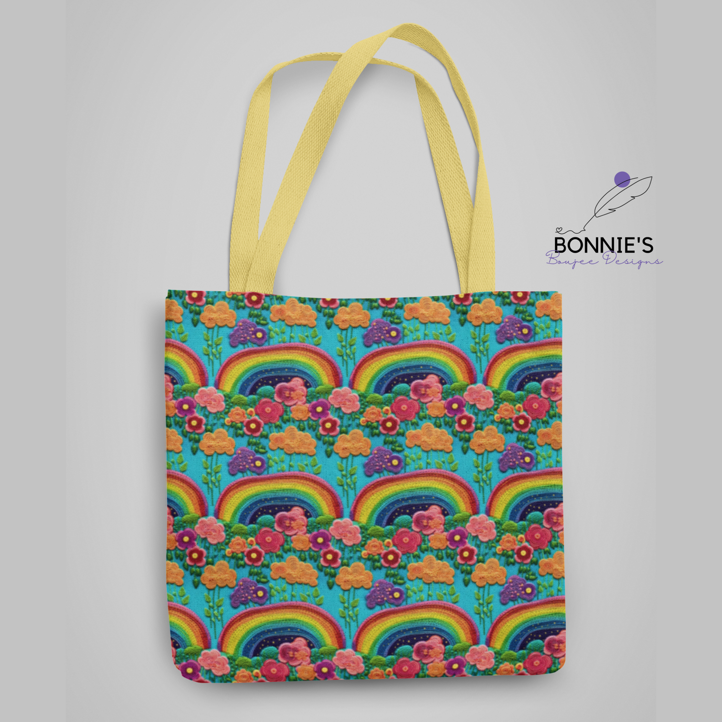 Embroidery Rainbows with Flowers on Blue Seamless Design