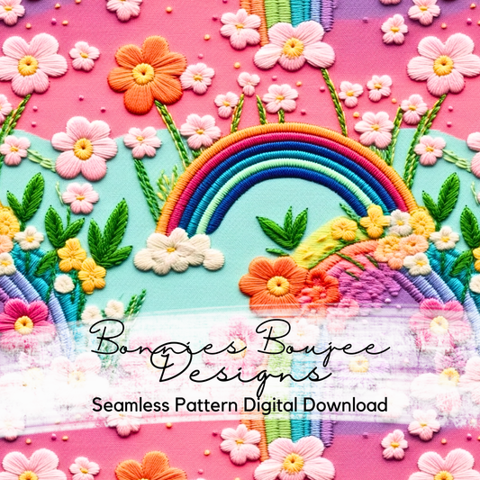 Embroidery Rainbows with Flowers on Pink Seamless Design