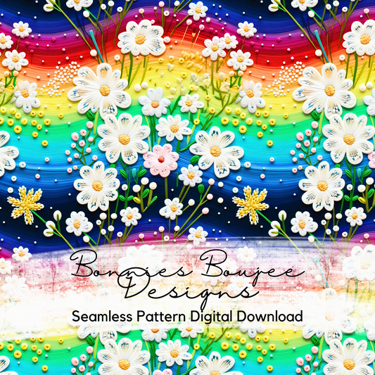 Embroidery of White Flowers on a Rainbow Background Seamless File