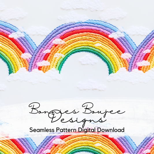 Rainbow and Clouds on White Embroidery Seamless Design