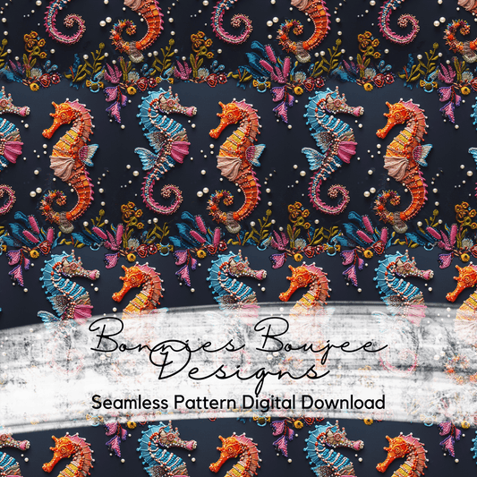 Embroidery Seahorses with pearls on Navy Background Seamless file