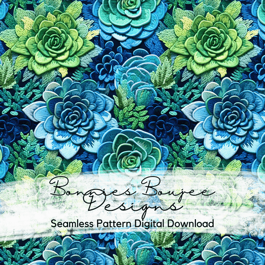 Embroidery Blue and Green Succulents Seamless File