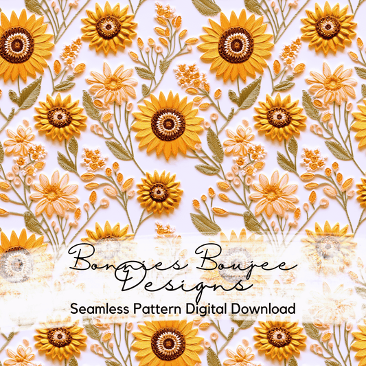 Simple Embroidery of Sunflowers on White Background Seamless File
