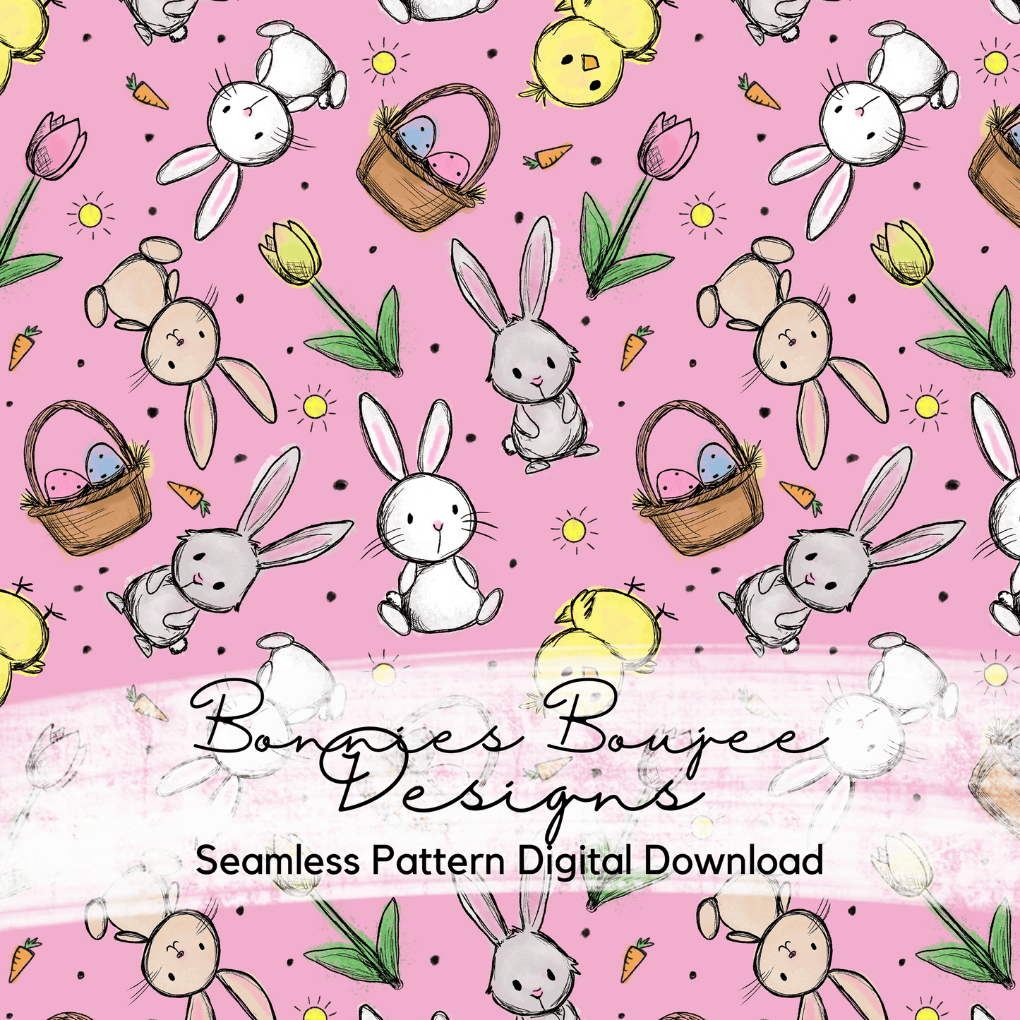 Cute Easter Bunnies Hand Drawn Seamless File - 5 Colorways