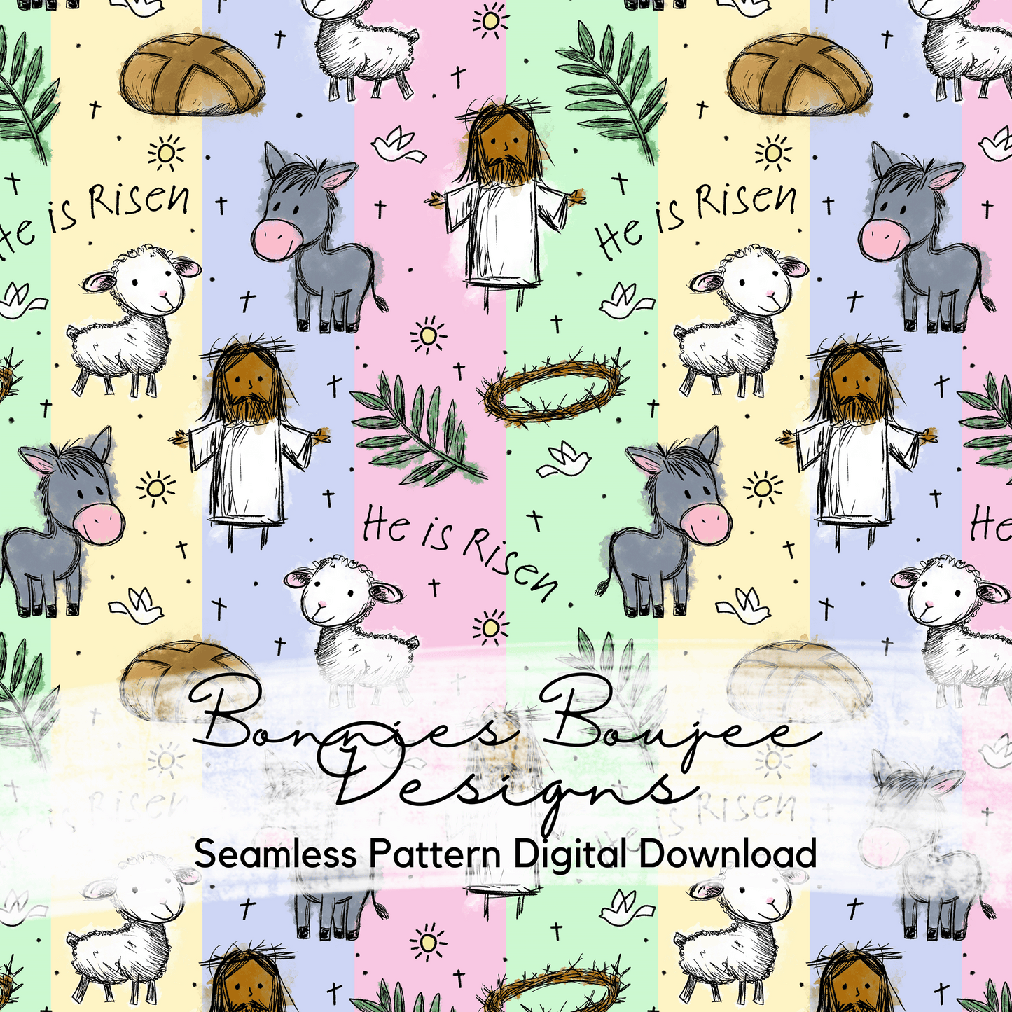 Hand Drawn Jesus Easter Design with Pastel Stripe Background Seamless File