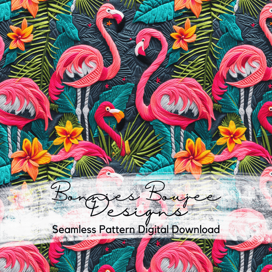 Embroidery Flamingo and Monsteras Leaves Seamless File